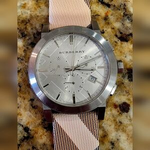 Burberry Model #BU9355 Silver Chronometer Watch with Classic Check  Strap